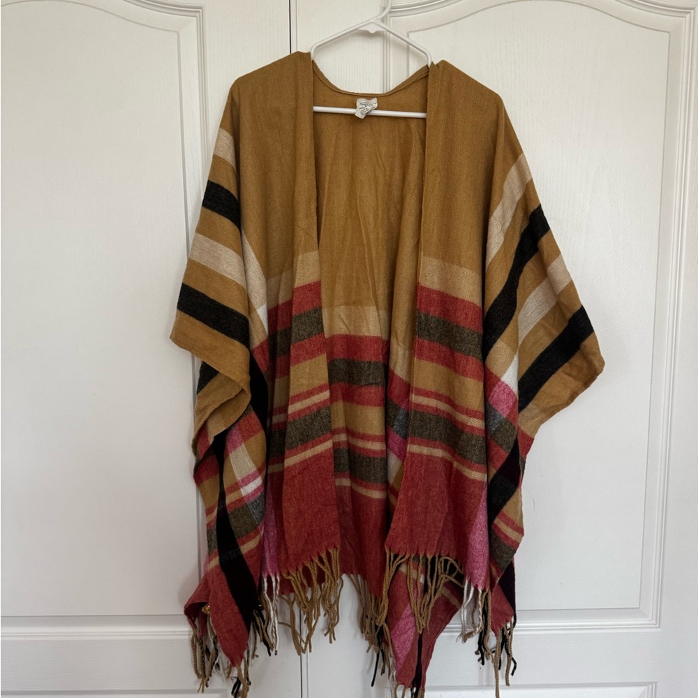 WOOLRICH Multicolored Plaid Fringe Trim Blanket Poncho